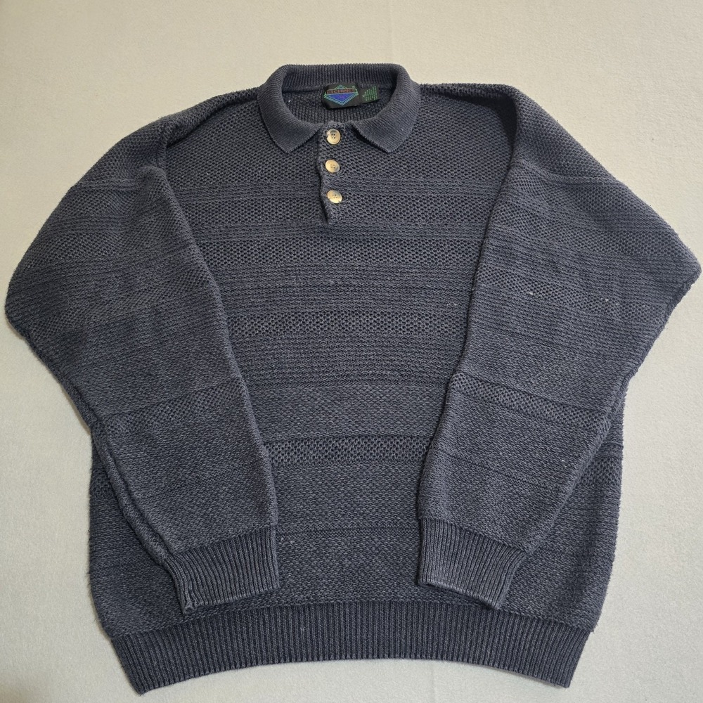 Etchings Sweater Mens XL Grey Polo Collar Textured Knit Ramie Cotton Long Sleeve